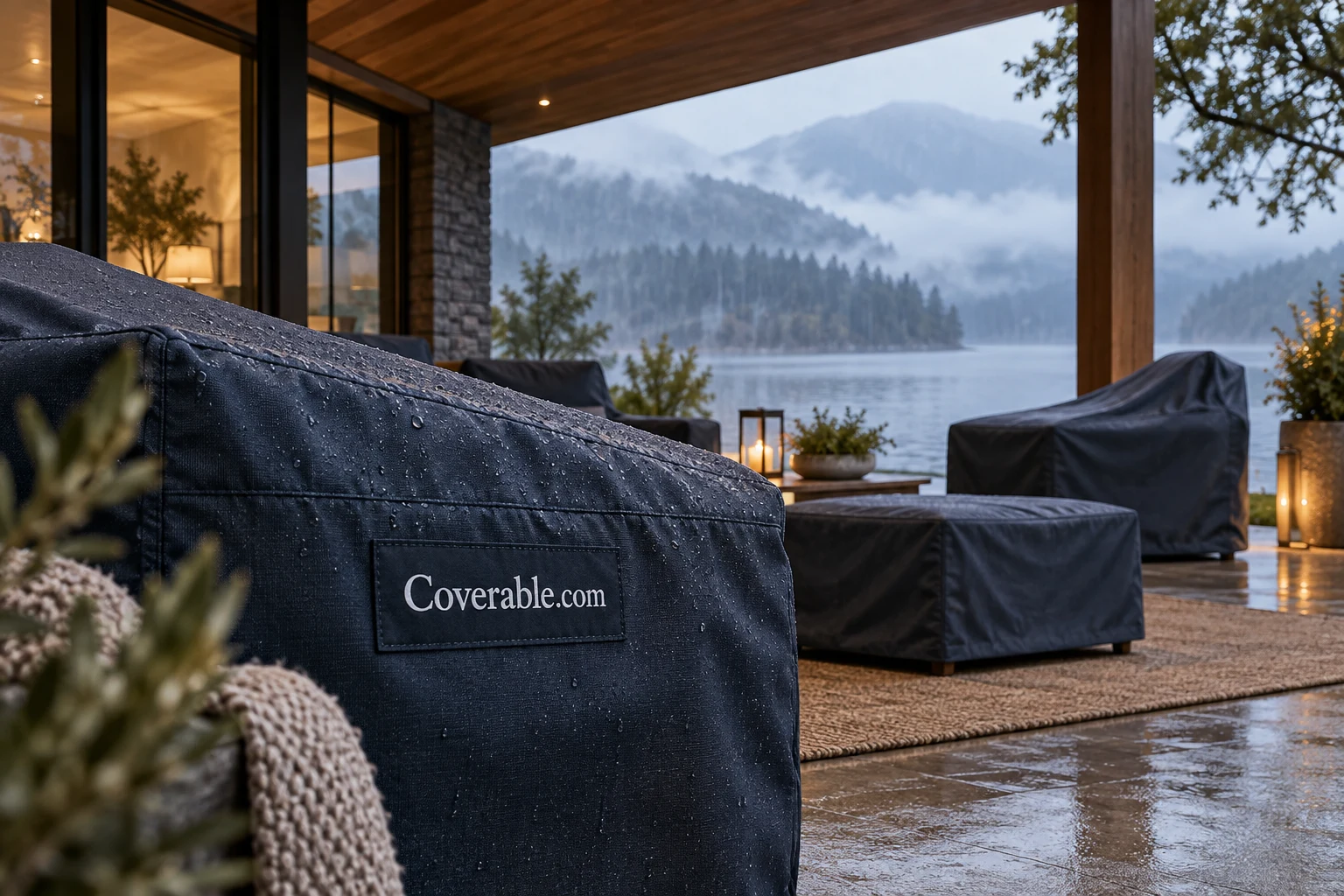 Coverable.com sewn onto a protective cover beneath a lakeside shelter in the rain