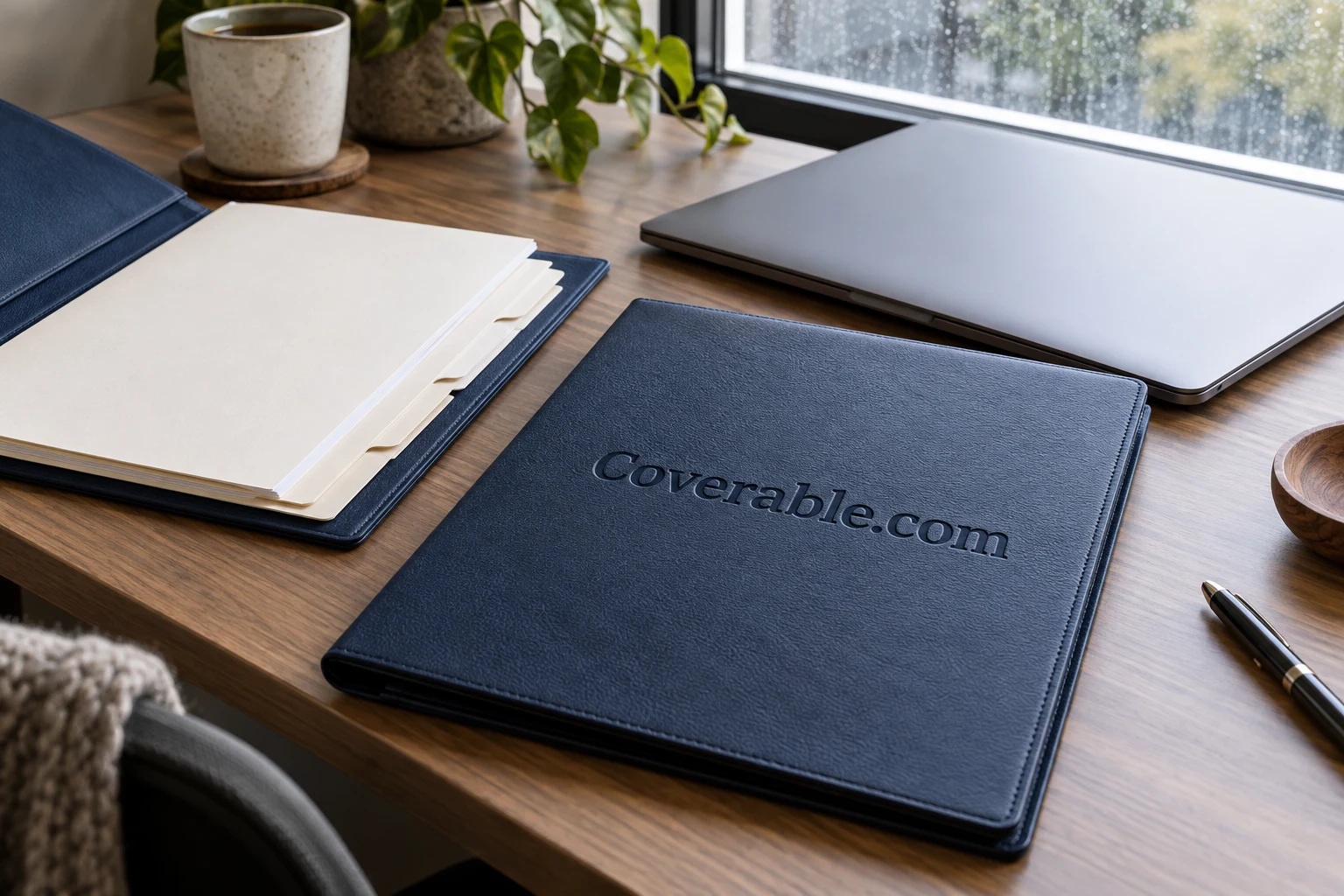 Coverable.com on a document organizer beside a laptop