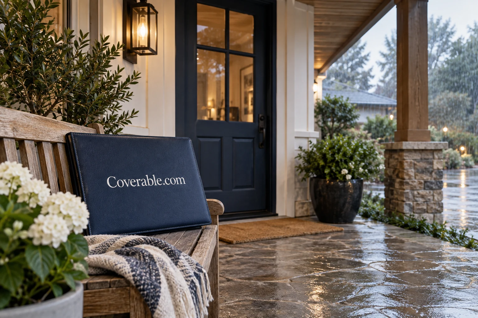 Coverable.com on a navy portfolio resting on an entrance bench